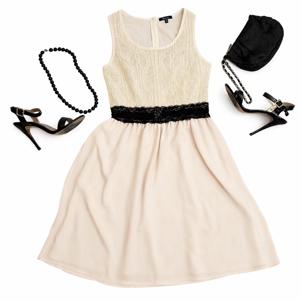 Manteau Ivory & Black Lace Cocktail Dress 🤍🖤 Knit Bodice Party Dress Medium M
